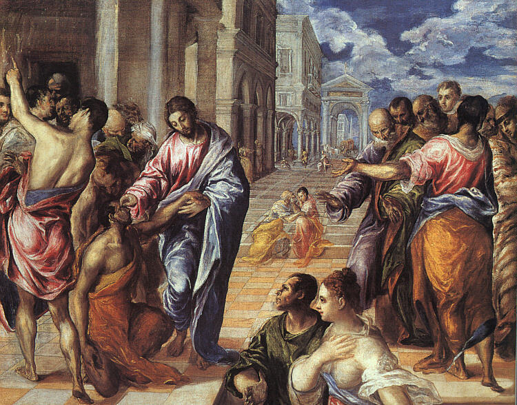 エル・グレコ《盲人を癒すキリスト》1570年代、メトロポリタン美術館所蔵。キリストは奇跡によって盲人の視力を取り戻す。