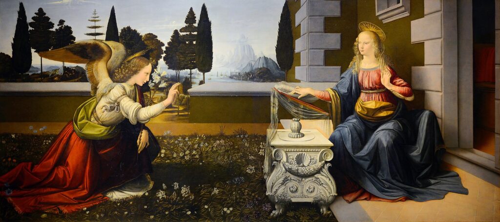 レオナルド・ダ・ヴィンチ《受胎告知》1472年 – 1475年頃、ウフィツィ美術館、フィレンツェ