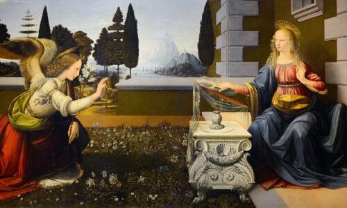 レオナルド・ダ・ヴィンチ《受胎告知》1472年 – 1475年頃、ウフィツィ美術館、フィレンツェ