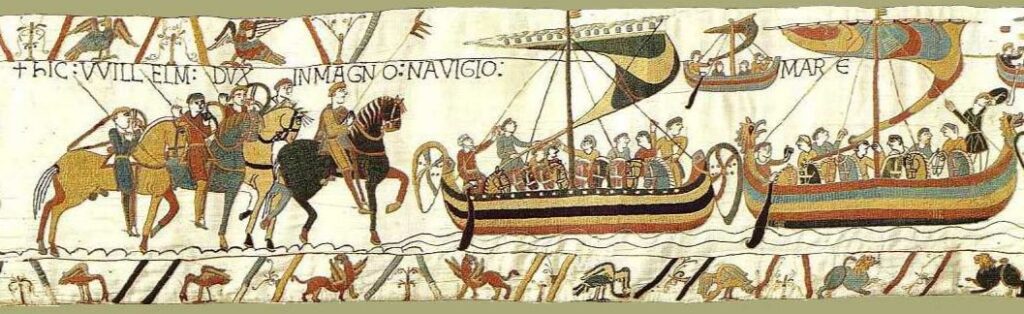 バイユーのタペストリー。1066年のノルマン人（ゲルマン人の一派）によるイングランド征服を描いている。