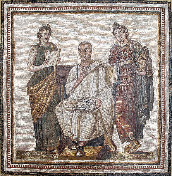 ウェルギリウス（中央）のモザイク画、3世紀、Bardo National Museum