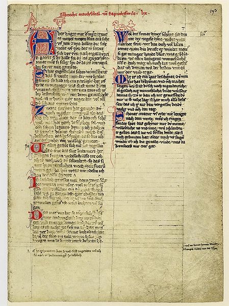 マネッセ写本、アルブレヒト・フォン・ヨーハンスドルフの詩（ハイデルベルク大学図書館、fol. 193r、1300年頃）。全ページ同じ行数、行間で書くための平行線が引かれているのが分かる。