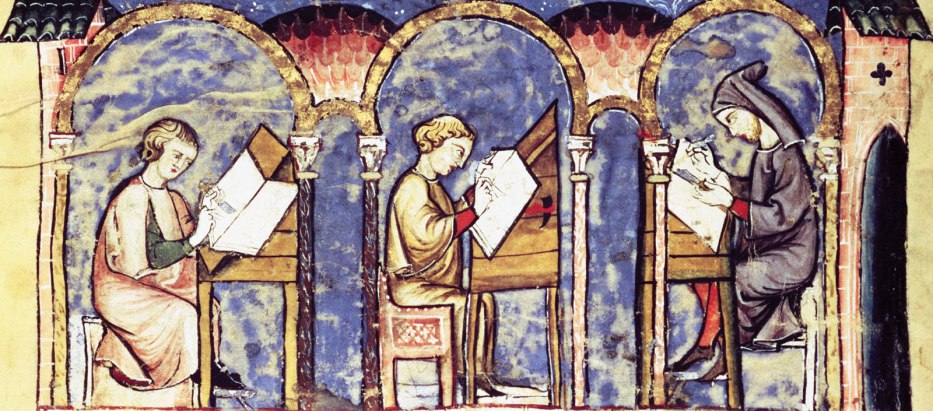 An illumination depicting a scriptorium in action, from a manuscript in the Biblioteca de San Lorenzo de El Escorial, Madrid, Spain, c. 14th century AD
