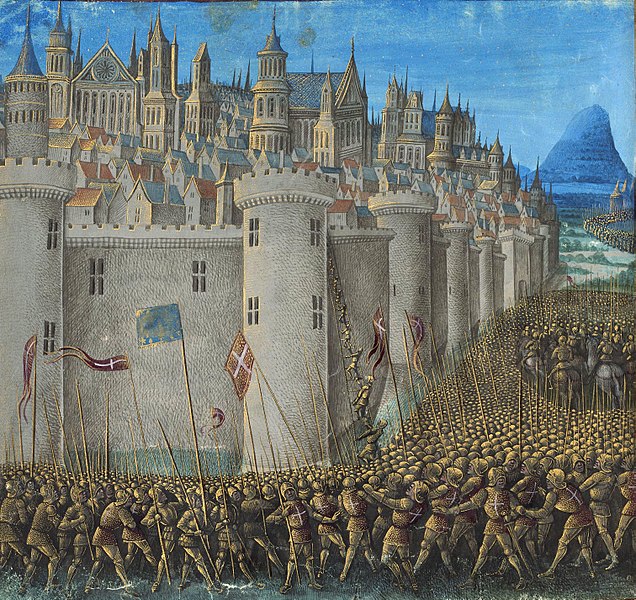 ジャン・コロンブ 、Siege of Antioch、1474年頃、フランス国立図書館所蔵。第一回十字軍によるアンティオキア攻囲戦の様子が描かれている。