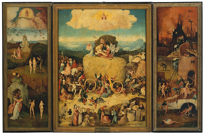 ヒエロニムス・ボス、The Haywain Triptych、1516年、プラド美術館所蔵。右のパネルが地獄の様子を表している。