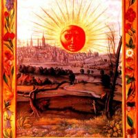 《Sun rising over the city》1532-1535年、Kupferstichkabinett Berlin所蔵。伝説上の錬金術師Salomon Trismosinの作品と考えられているSplendor Solisに収録された絵