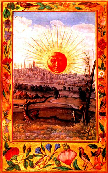《Sun rising over the city》1532-1535年、Kupferstichkabinett Berlin所蔵。伝説上の錬金術師Salomon Trismosinの作品と考えられているSplendor Solisに収録された絵