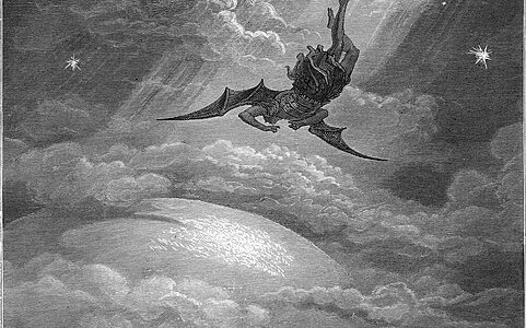 地球へ向かうルシファー。Gustave Doréによる、ミルトン『失楽園』のための挿絵。1866年。