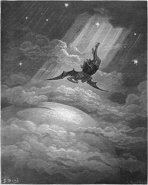 地球へ向かうルシファー。Gustave Doréによる、ミルトン『失楽園』のための挿絵。1866年。