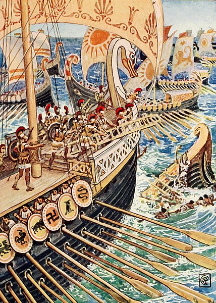 サラミスの海戦のようす。19世紀、Walter Crane。