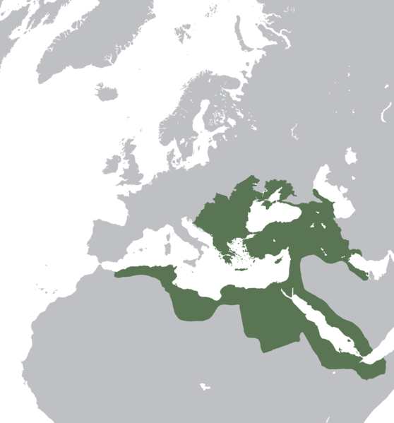オスマン帝国の最大版図（1683年）。地中海沿岸のほとんどがオスマン帝国の領土である。