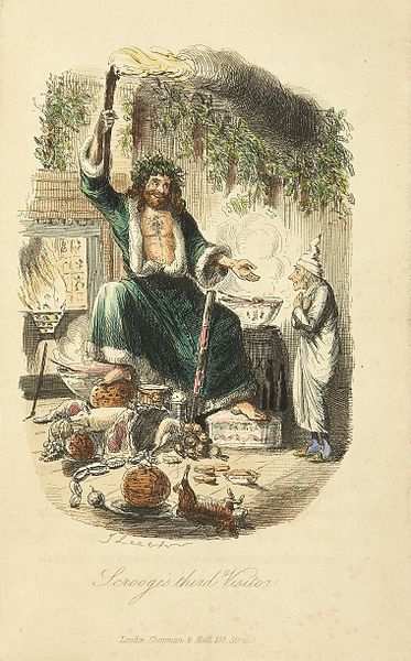 スクルージと第二の精霊。初版の挿絵。John Leech, 1843年